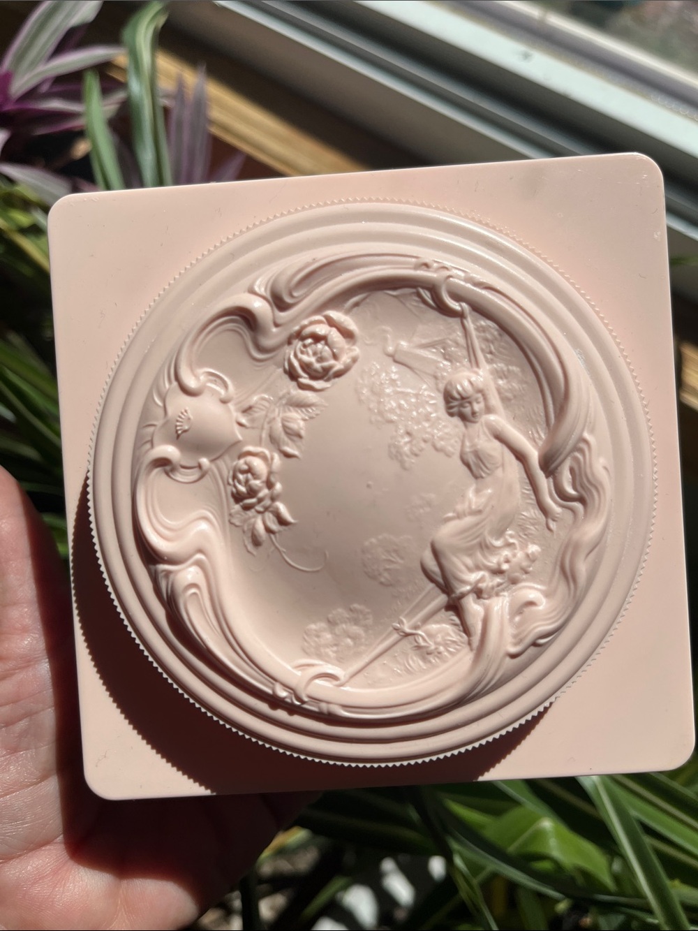 Vtg Pink Plastic EMPTY White Shoulders Powder Box Art Noveau Reclining Lady Lid